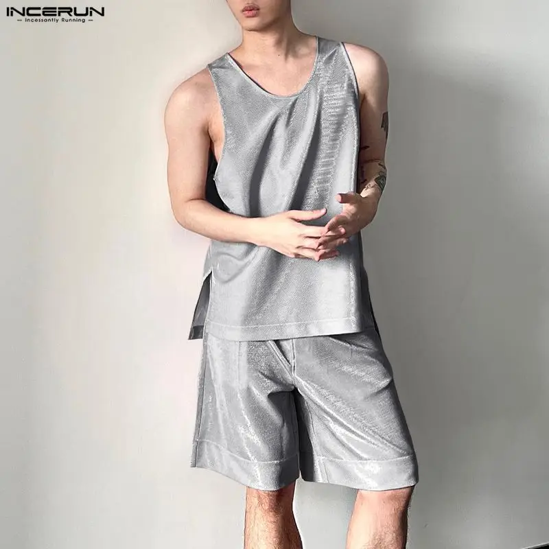 Men'S Fashion For Summer 2026 - INCERUN Men's Sets Shiny Solid O-neck